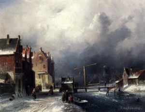 艺术家查尔斯·雷科特作品《荷兰小镇冰冻运河旁的人物》