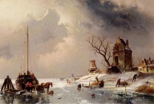 艺术家查尔斯·雷科特作品《在冰上装载马车的人物》