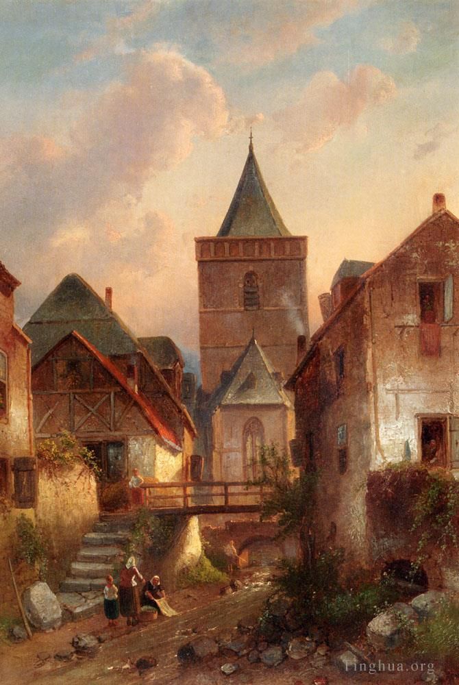 查尔斯·雷科特 的油画作品 -  《德国村庄的洗衣女工景观》