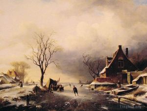 艺术家查尔斯·雷科特作品《与溜冰者的冬季场景》