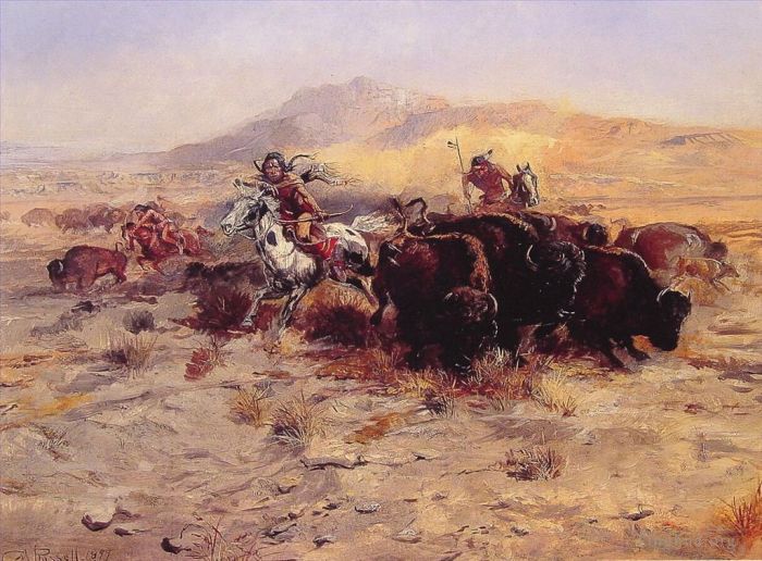 查尔斯·马里昂·拉瑟尔 的油画作品 -  《狩猎水牛》