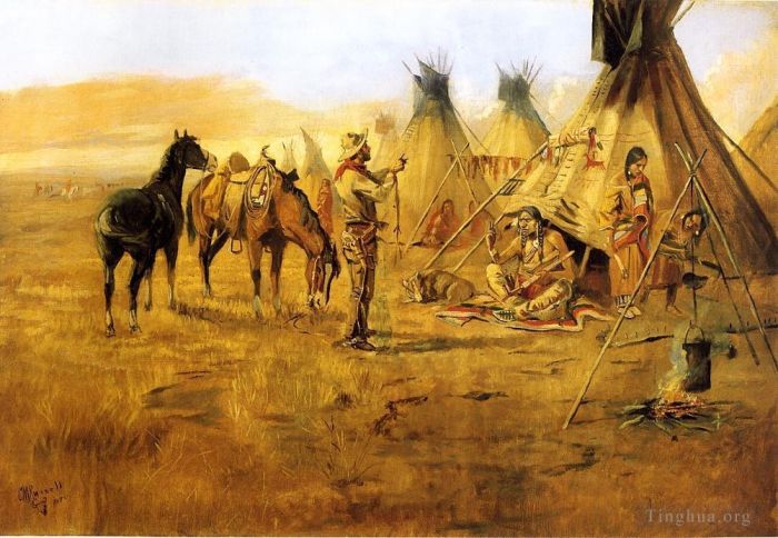 查尔斯·马里昂·拉瑟尔 的油画作品 -  《牛仔与印第安女孩牛仔讨价还价》