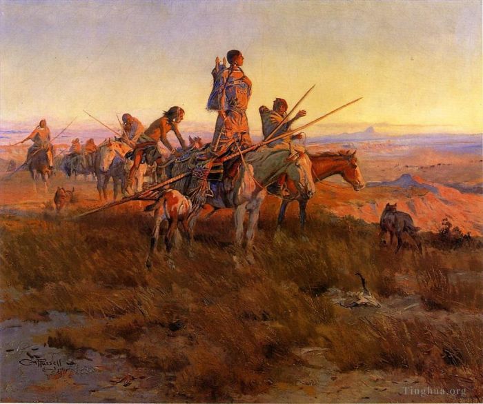 查尔斯·马里昂·拉瑟尔 的油画作品 -  《追随水牛猎人的脚步》