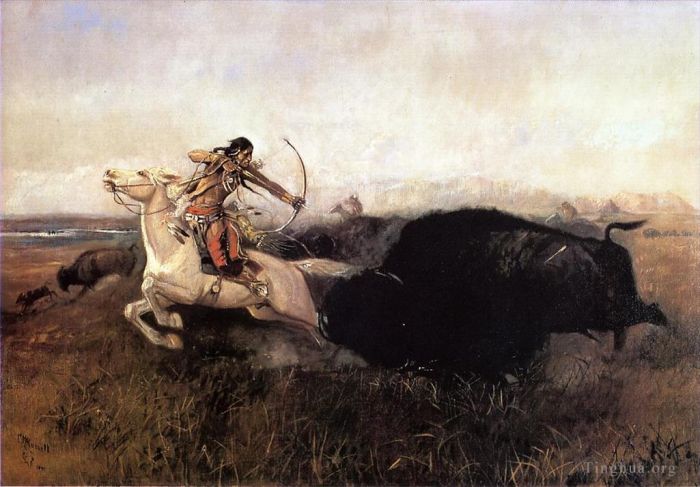 查尔斯·马里昂·拉瑟尔 的油画作品 -  《印第安人狩猎水牛》