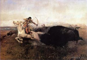 艺术家查尔斯·马里昂·拉瑟尔作品《印第安人狩猎水牛》