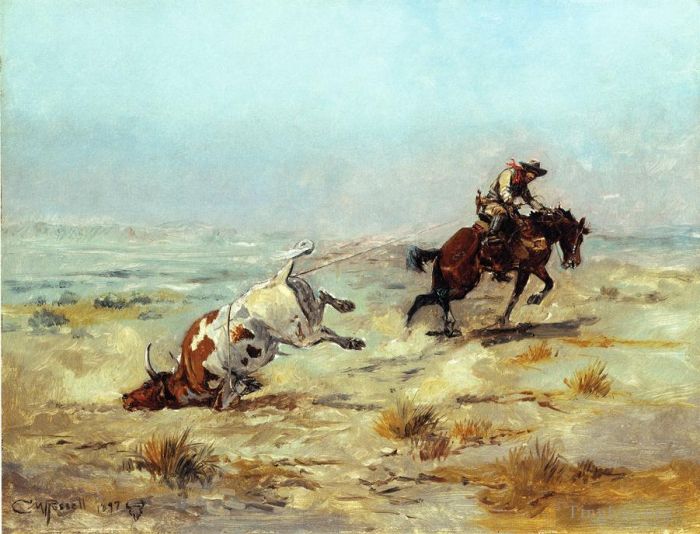 查尔斯·马里昂·拉瑟尔 的油画作品 -  《套索一头牛》