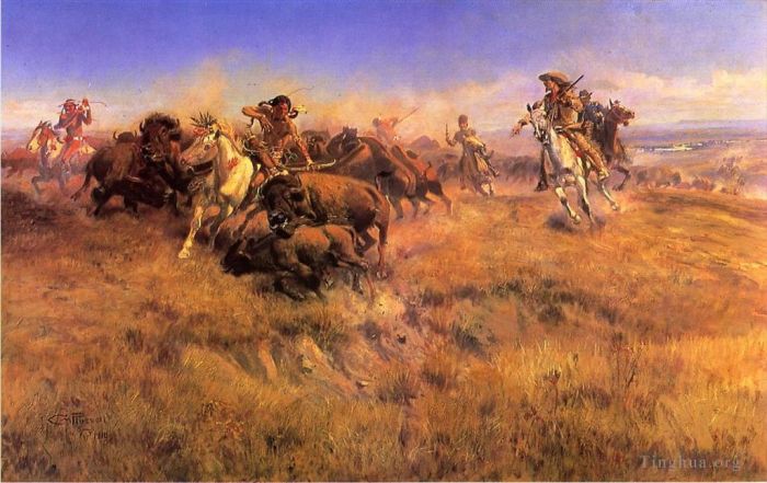 查尔斯·马里昂·拉瑟尔 的油画作品 -  《奔跑的水牛牛仔》