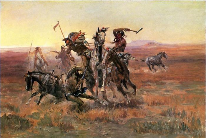 查尔斯·马里昂·拉瑟尔 的油画作品 -  《当黑脚族和苏族相遇时》