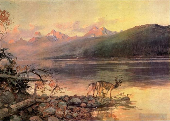 查尔斯·马里昂·拉瑟尔 的各类绘画作品 -  《麦当劳湖景观中的鹿》