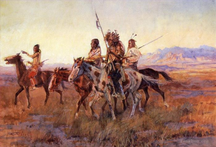 查尔斯·马里昂·拉瑟尔 的各类绘画作品 -  《四骑印第安人,1914》