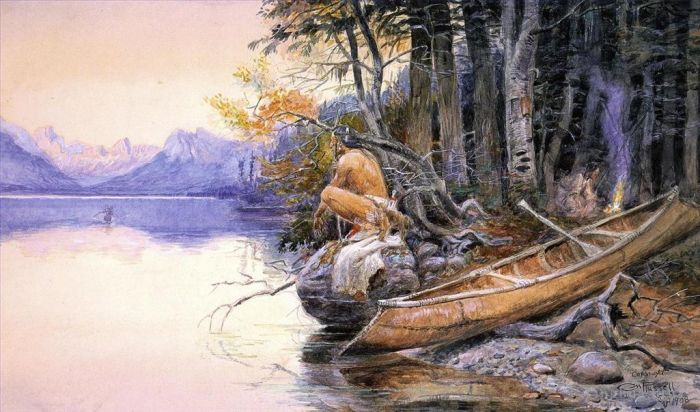 查尔斯·马里昂·拉瑟尔 的各类绘画作品 -  《麦克唐纳湖印第安营地》