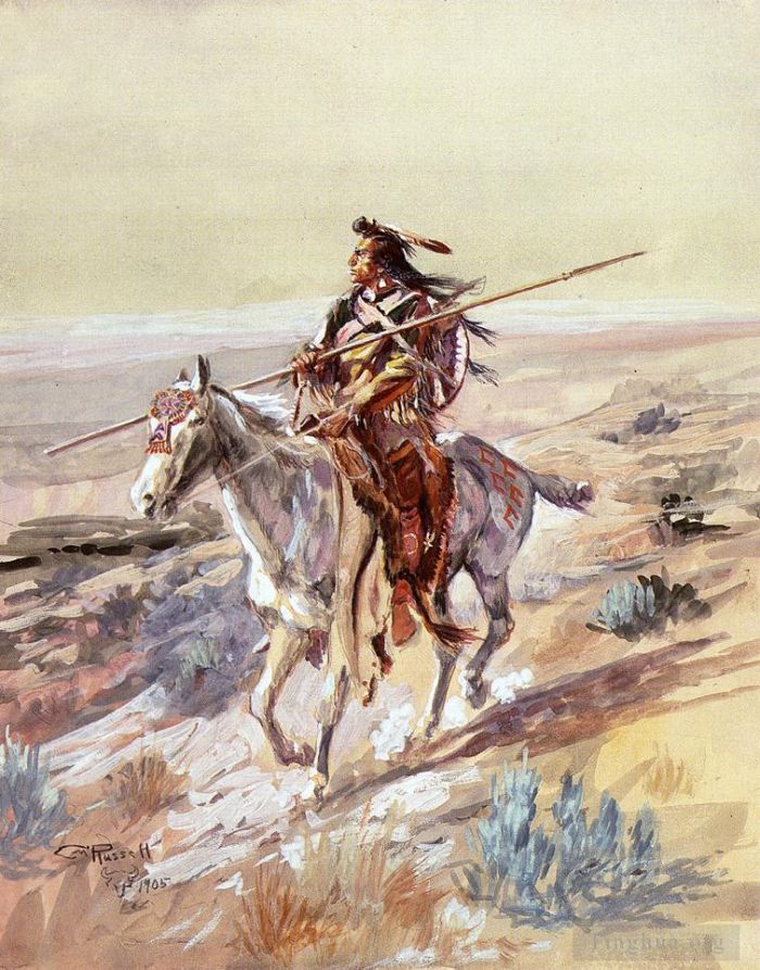 查尔斯·马里昂·拉瑟尔 的各类绘画作品 -  《印第安人用矛》