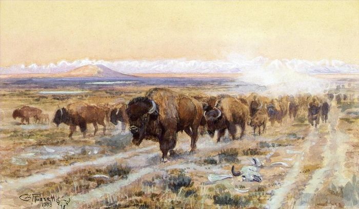 查尔斯·马里昂·拉瑟尔 的各类绘画作品 -  《野牛小道上的牛》