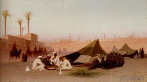 艺术家查尔斯-西奥多·弗雷尔作品《开罗营地的午后晚餐》
