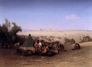 艺术家查尔斯-西奥多·弗雷尔作品《橄榄山上的阿拉伯营地，远处是耶路撒冷》