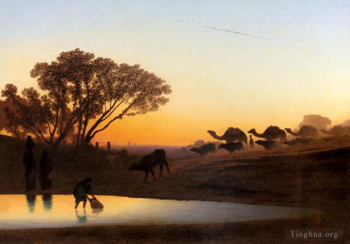 查尔斯-西奥多·弗雷尔 的油画作品 -  《尼罗河日落风光,Charles,Theodore,Frere》
