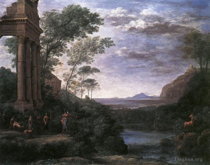 克劳德·洛兰 的油画作品 -  《阿斯卡尼乌斯射杀西尔维娅雄鹿的风景》