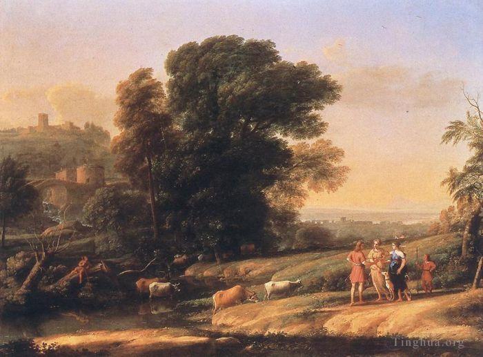 克劳德·洛兰 的油画作品 -  《戴安娜王妃与克法洛斯和普罗克里斯重聚的风景》