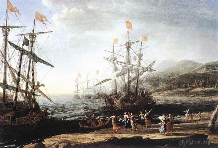 克劳德·洛兰 的油画作品 -  《海军陆战队员与烧船的特洛伊人》
