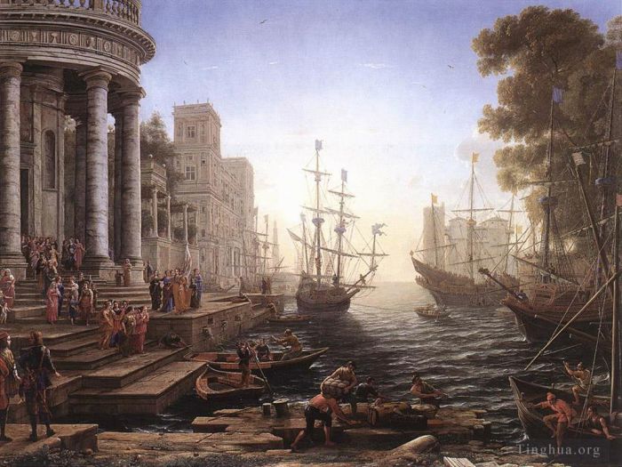 克劳德·洛兰 的油画作品 -  《圣厄休拉登船的港口场景》