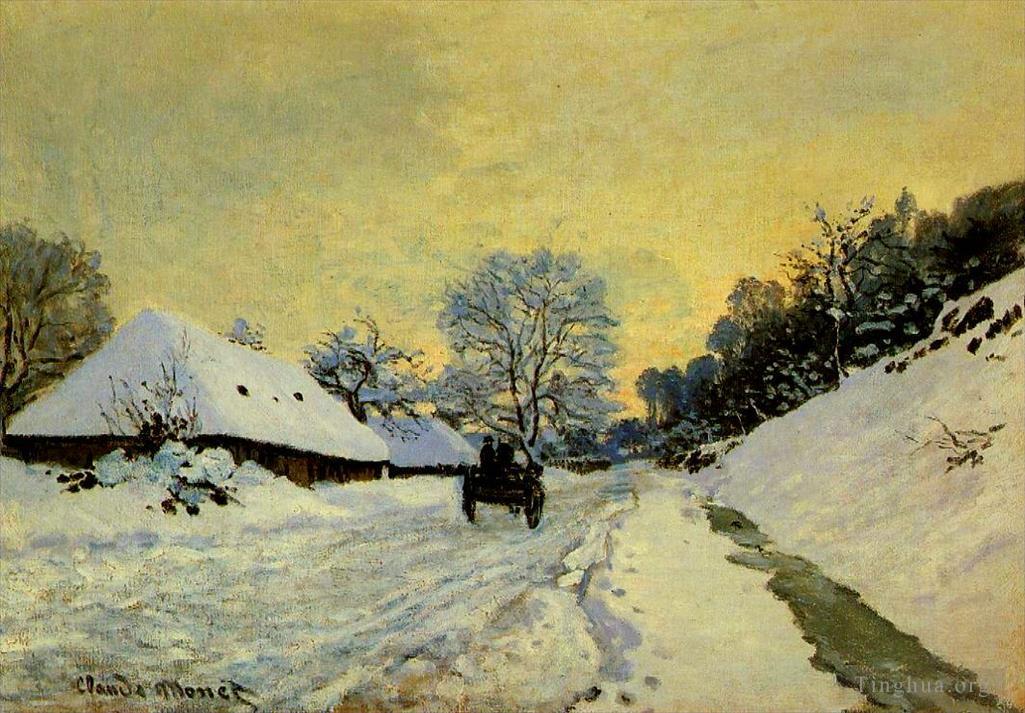 克劳德·莫奈作品《圣西蒙农场积雪路上的一辆小车》