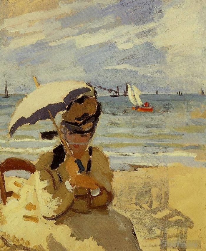 克劳德·莫奈 的油画作品 -  《卡米尔坐在特鲁维尔的海滩上》
