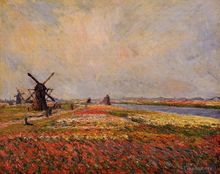 克劳德·莫奈 的油画作品 -  《莱顿附近的花田和风车》