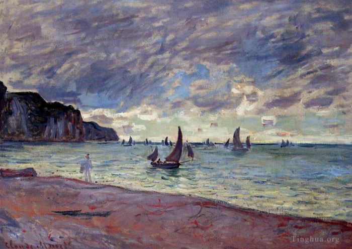 克劳德·莫奈 的油画作品 -  《普维尔海滩和悬崖边的渔船》
