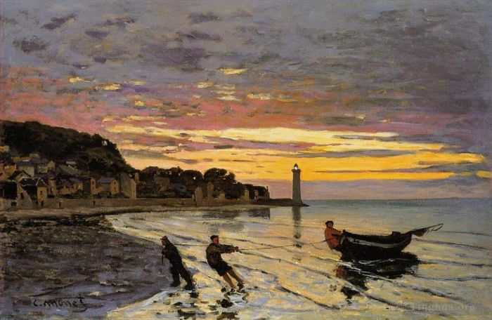 克劳德·莫奈 的油画作品 -  《将船拖上翁弗勒尔岸》