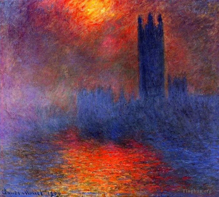 克劳德·莫奈 的油画作品 -  《议会大厦雾中阳光的影响》