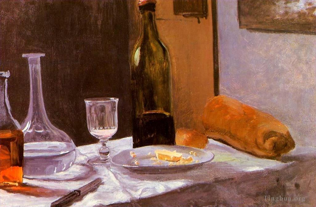 克劳德·莫奈作品《静物与瓶子玻璃瓶面包和葡萄酒》