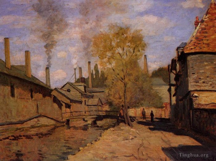 克劳德·莫奈 的油画作品 -  《鲁昂罗贝克溪,(Robec,Stream,Rouen),又名鲁昂附近德维尔工厂》