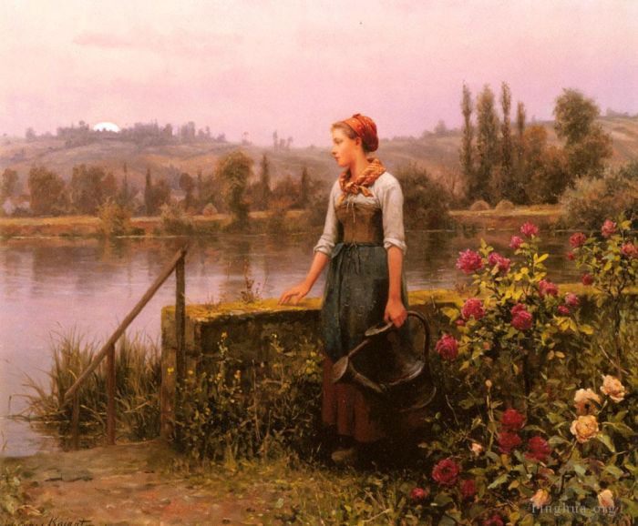 丹尼尔·里奇韦·奈特 的油画作品 -  《河边拿着喷壶的女人》