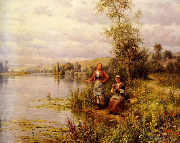 丹尼尔·里奇韦·奈特 的油画作品 -  《夏日午后钓鱼后的阿斯顿乡村妇女》