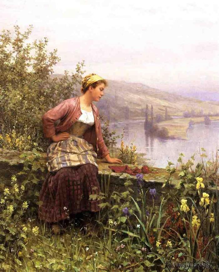 丹尼尔·里奇韦·奈特 的油画作品 -  《布列塔尼女孩俯视溪流》