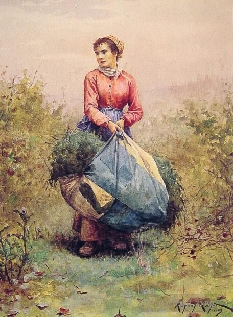 丹尼尔·里奇韦·奈特 的油画作品 -  《收集树叶》