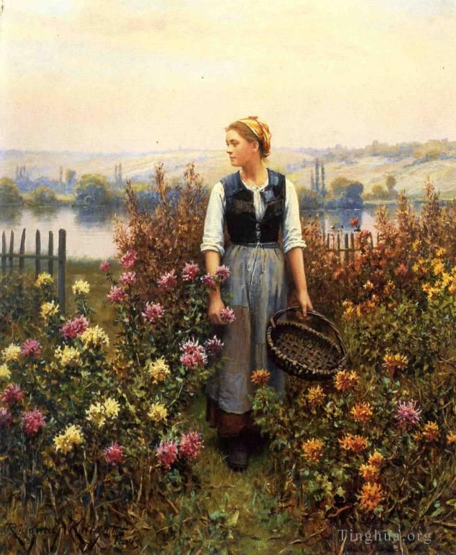 丹尼尔·里奇韦·奈特 的油画作品 -  《花园里提着篮子的女孩》