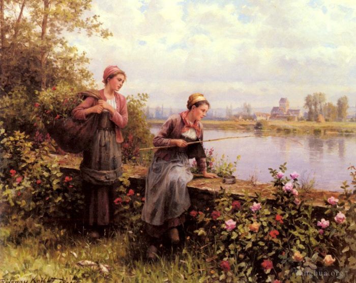 丹尼尔·里奇韦·奈特 的油画作品 -  《玛丽亚和玛德琳钓鱼》