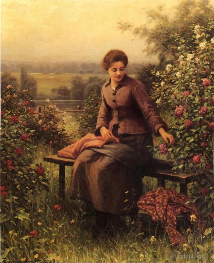 丹尼尔·里奇韦·奈特 的油画作品 -  《坐着的女孩与鲜花》
