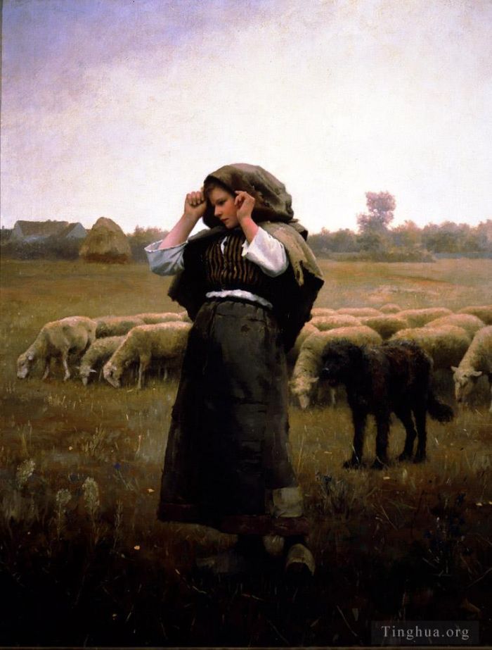 丹尼尔·里奇韦·奈特 的油画作品 -  《牧羊女和她的羊群》