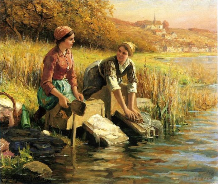 丹尼尔·里奇韦·奈特 的油画作品 -  《妇女们在溪边洗衣服》