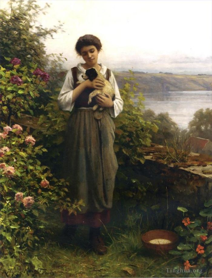 丹尼尔·里奇韦·奈特 的油画作品 -  《抱着小狗的年轻女孩》