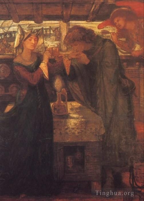 但丁·加布里尔·罗赛蒂 的油画作品 -  《崔斯特瑞姆和伊索尔德喝下爱情药水》