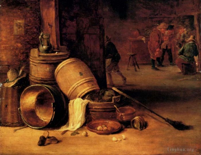 小戴维·特尼尔斯 的油画作品 -  《室内场景，有锅,桶,篮子,洋葱和卷心菜》