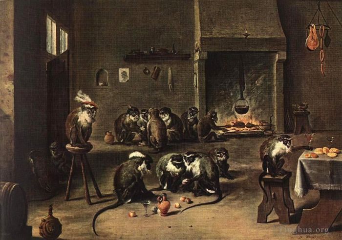 小戴维·特尼尔斯 的油画作品 -  《厨房里的猩猩》