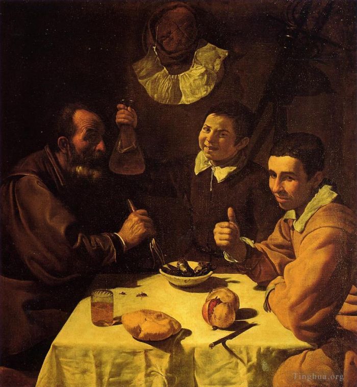迭戈·委拉斯开兹 的油画作品 -  《三个人坐在一张桌子上，又名午餐》