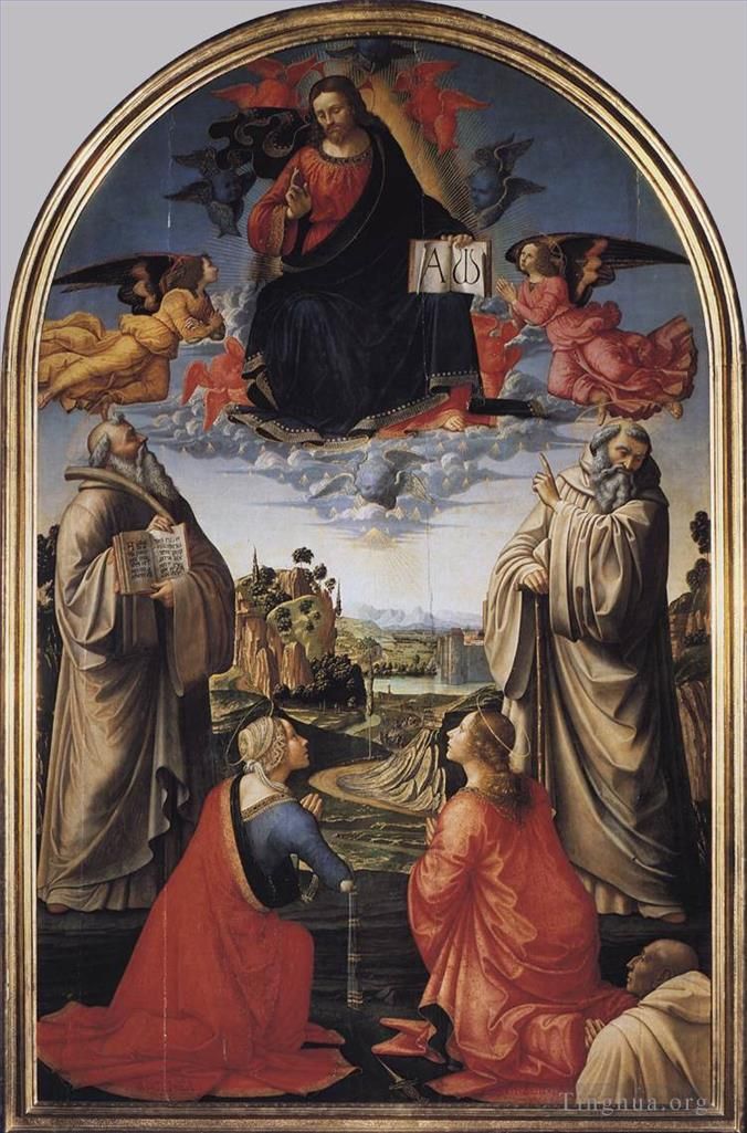 多梅尼哥·基尔兰达约 的各类绘画作品 -  《基督在天堂与四位圣徒和一位捐助者》