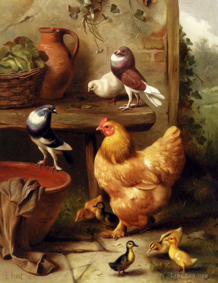 埃德加·亨特 的油画作品 -  《一只鸡,鸽子,鸽子和小鸭》