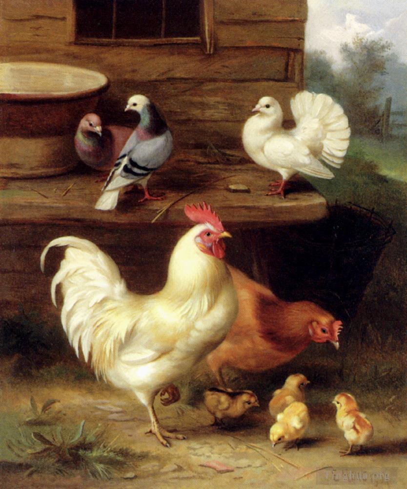 埃德加·亨特作品《公鸡母鸡和小鸡与鸽子》
