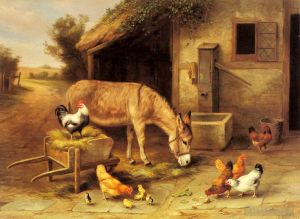 艺术家埃德加·亨特作品《马厩外的驴和鸡》